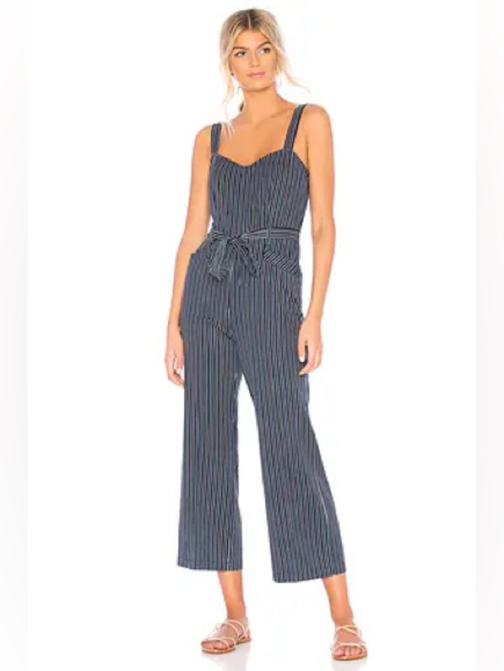 Paige Striped Navy Wide-Leg Jumpsuit with Tie Waist